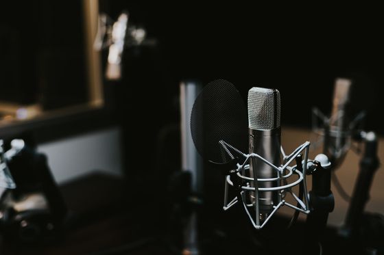 Studio condenser microphone with pop filter in a dark recording room